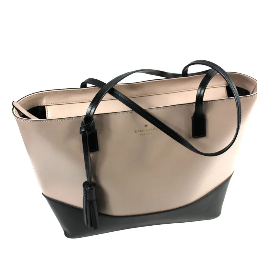 Kate Spade Wright Place Karla Two Tone Almondine & Black Leather Tote - Picture 2 of 9
